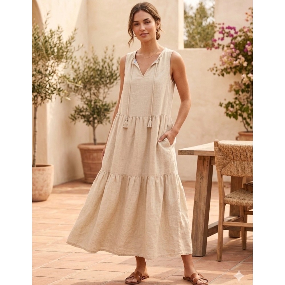 J.McLaughlin Christa Tan Linen Blend Sleeveless Tiered Maxi Dress w/ Tassels